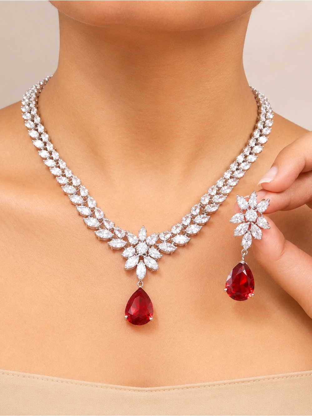 Elegant Red Teardrop Crystal Necklace & Earring Set - Women Jewelry